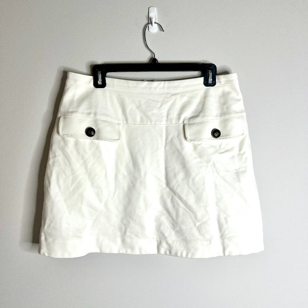 Maeve by Anthropologie White Mini Skirt Gold Button Pockets Preppy Old Money L
